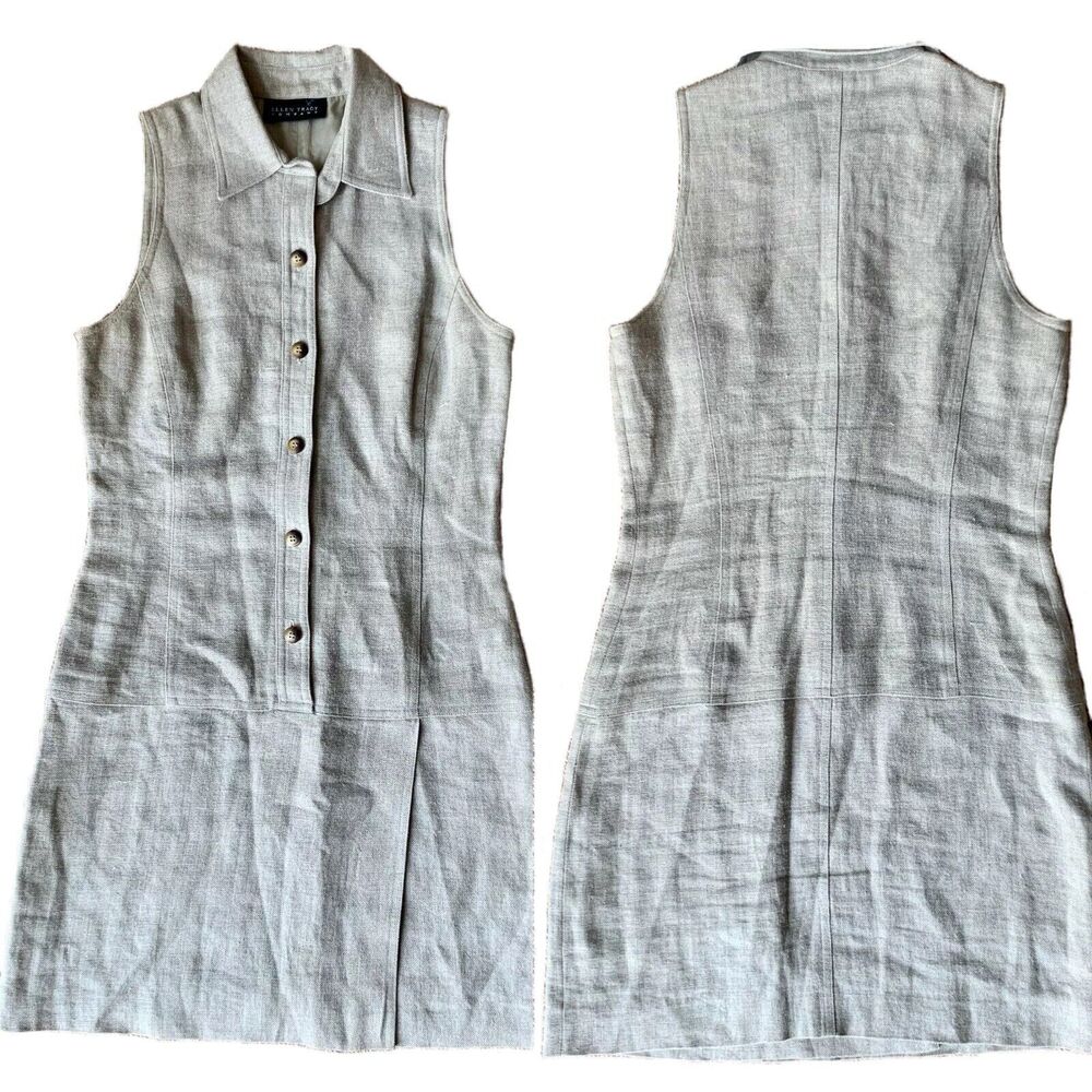 Ellen Tracy Beige Linen Button Up Collared Dress w/ Wrap Skirt Size 2